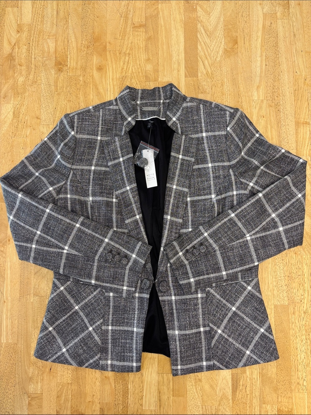 NWT White House Black Market Plaid Hook Eye Trophy Blazer Jacket Grey Black 12